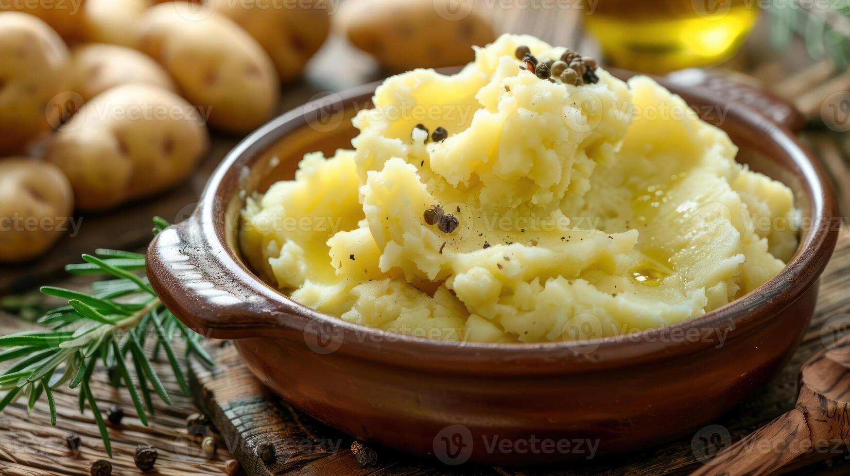 A bowl of creamy mashed potatoes garnished with herbs, surrounded by fresh potatoes. photo