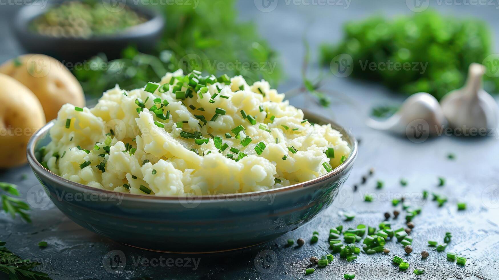 Creamy mashed potatoes garnished with chives, surrounded by fresh herbs and garlic. photo