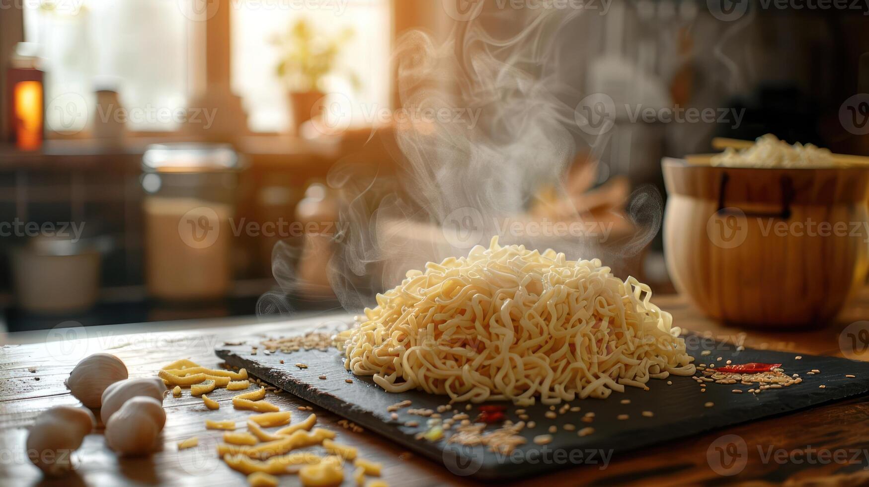 A steaming pile of noodles on a wooden table, surrounded by eggs and sesame seeds. photo