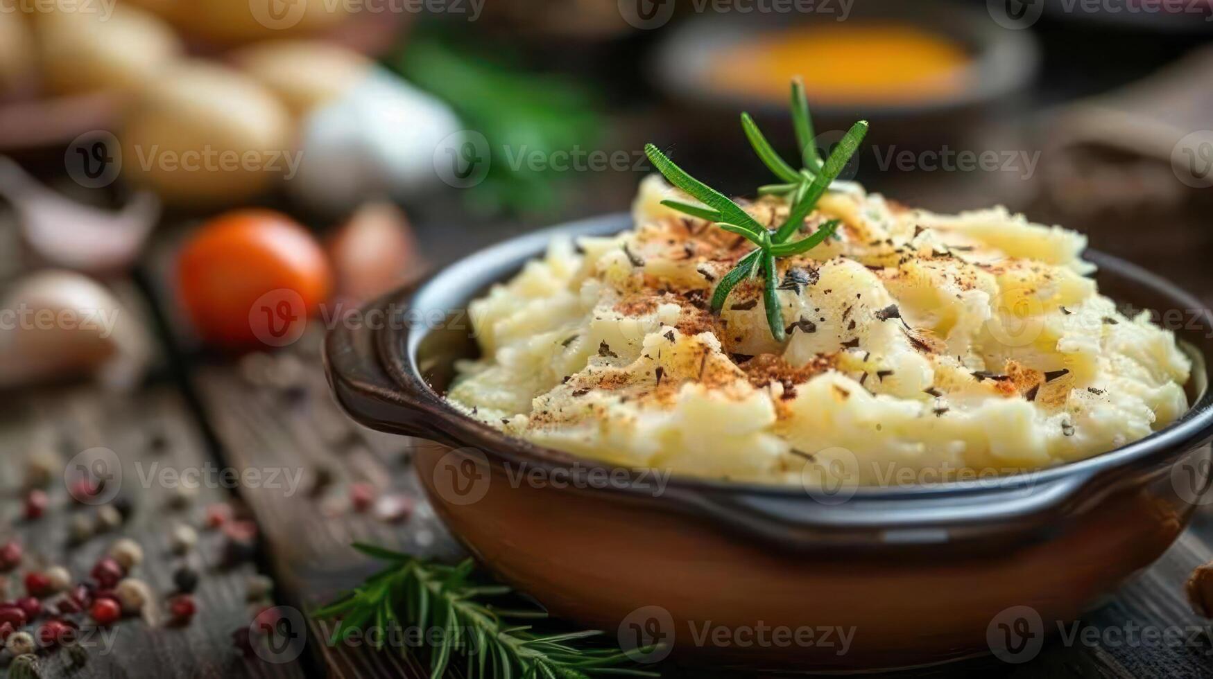 Creamy mashed potatoes garnished with herbs, surrounded by fresh ingredients. photo