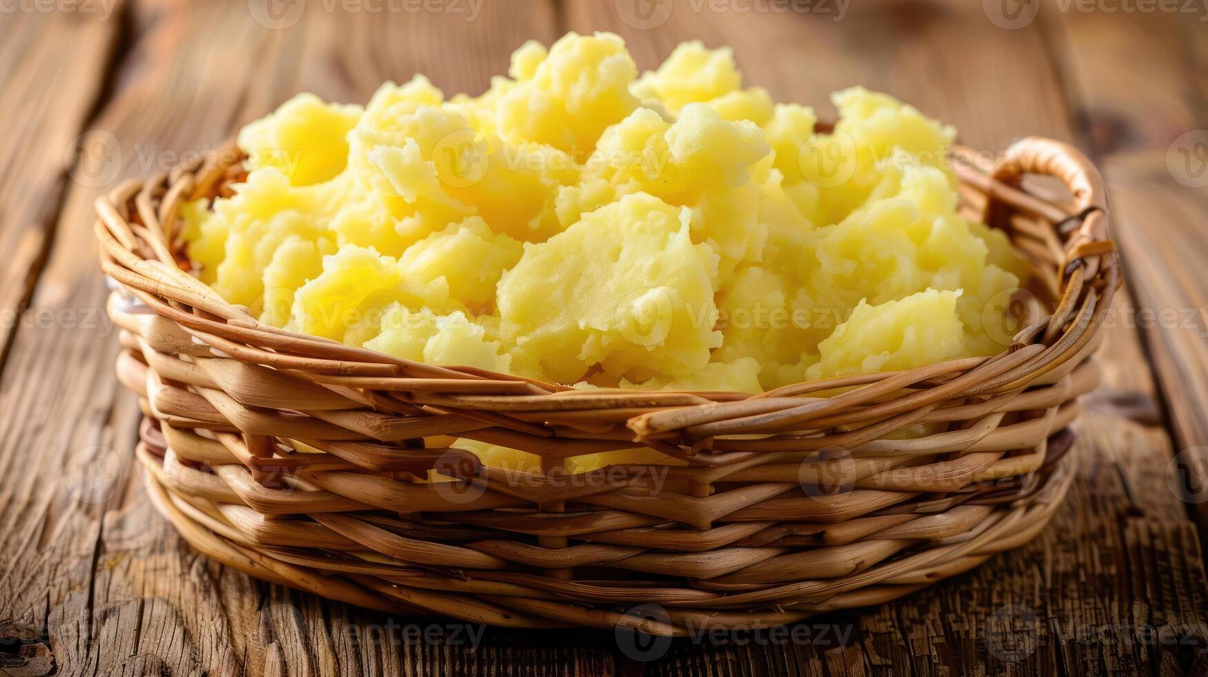 A basket filled with fluffy mashed potatoes on a rustic wooden table. photo