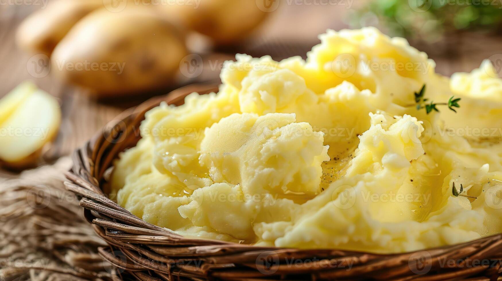A bowl of creamy mashed potatoes garnished with herbs, surrounded by raw potatoes. photo