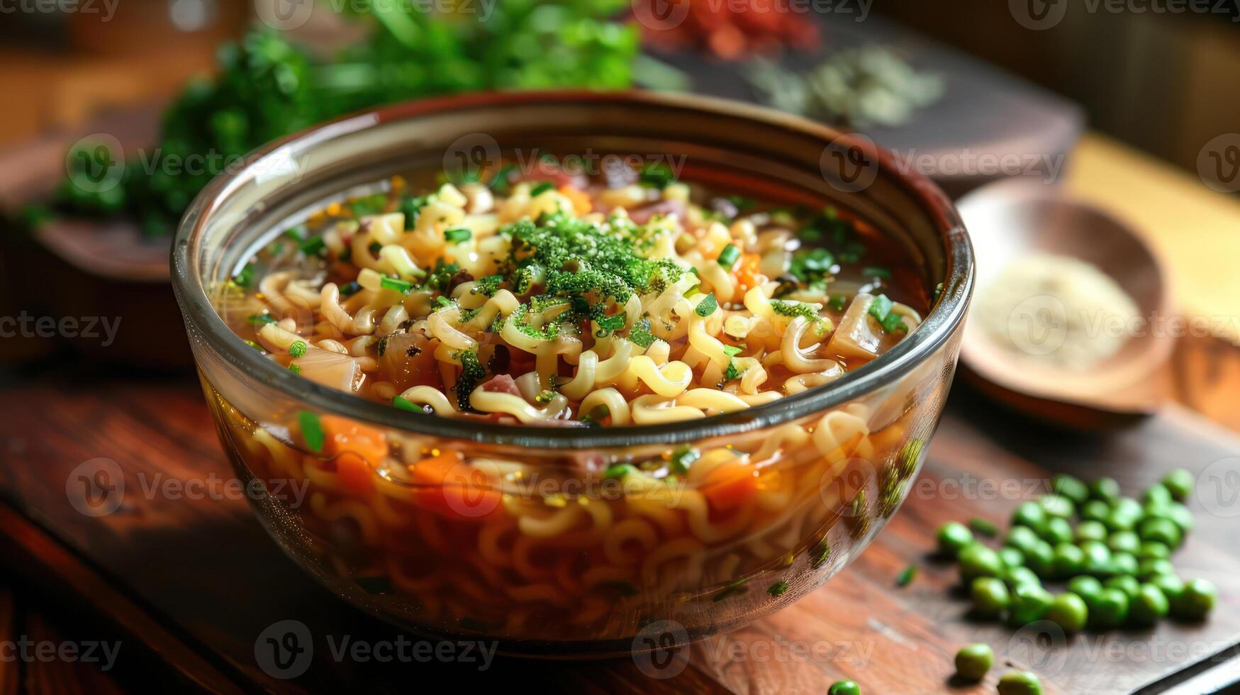 A bowl of colorful vegetable noodle soup garnished with herbs, served on a wooden surface. photo