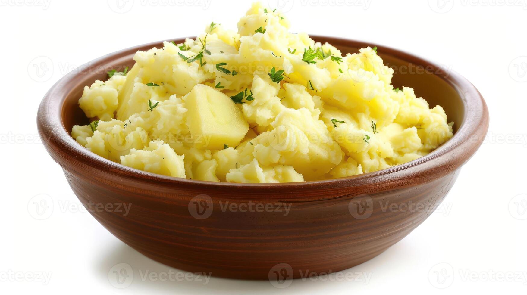 A bowl of creamy mashed potatoes topped with butter and herbs. photo