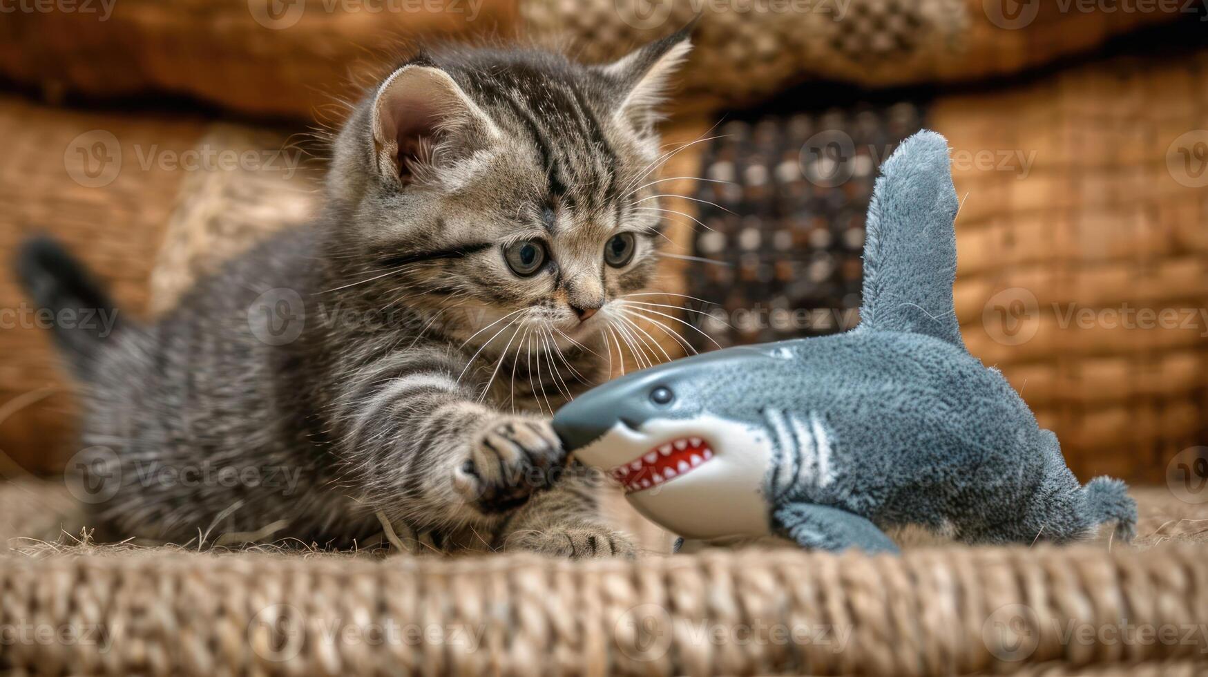 A playful kitten interacts with a toy shark on a textured surface. photo