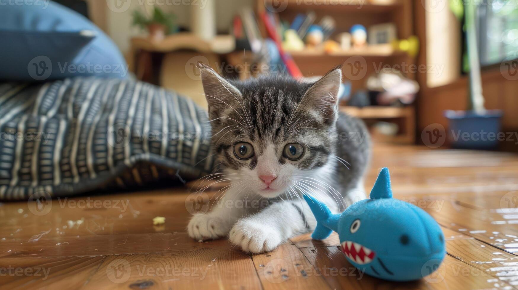 A playful kitten interacts with a toy shark in a cozy indoor setting. photo