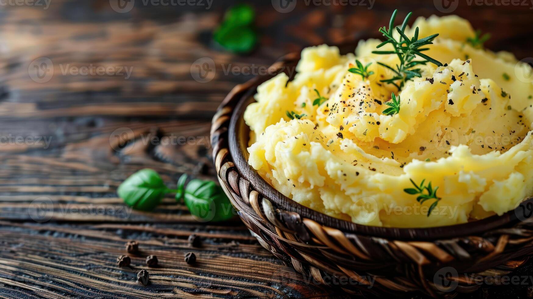 Creamy mashed potatoes garnished with herbs in a woven basket on a wooden table. photo