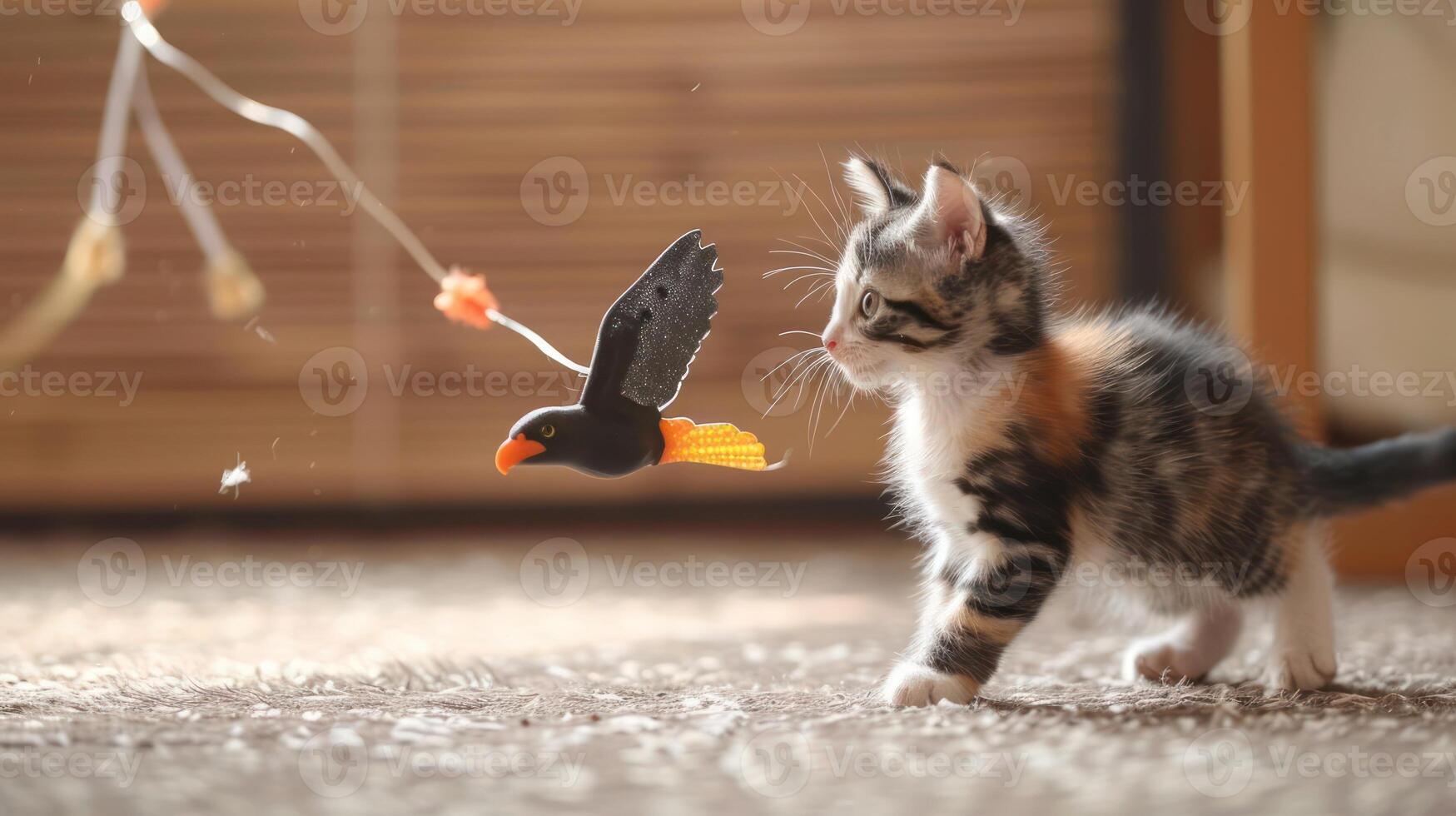 A playful kitten chases a toy bird on a soft carpet in a cozy indoor setting. photo