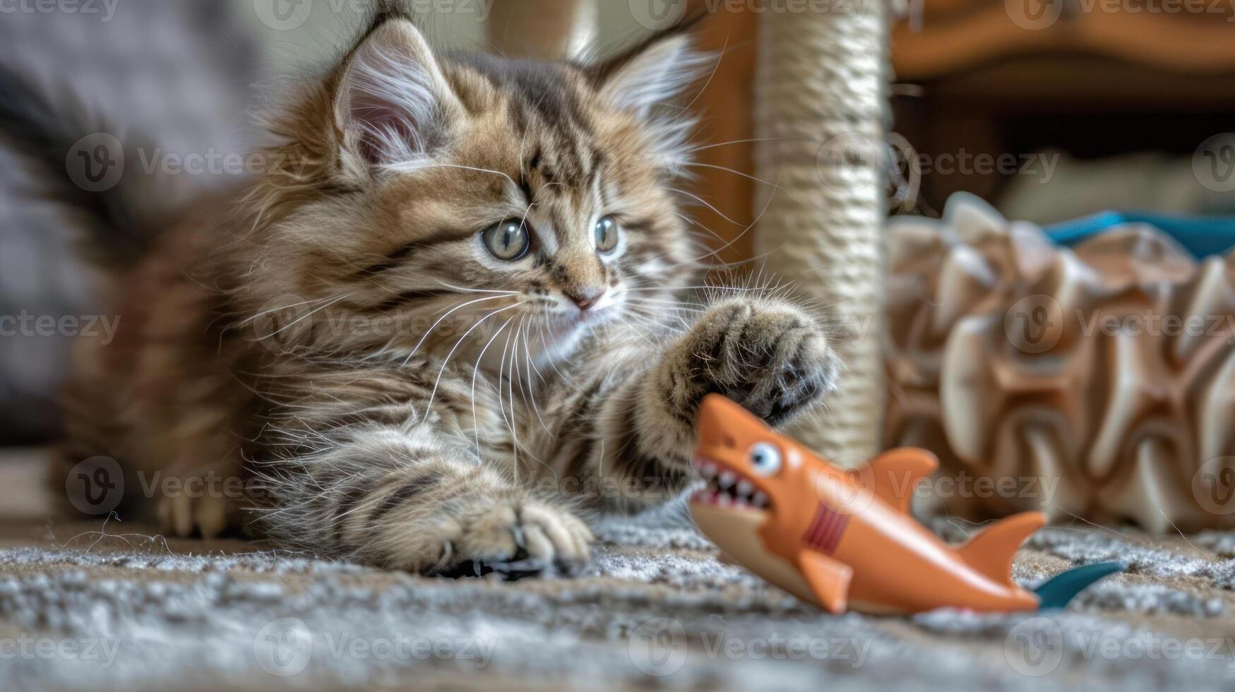 A playful kitten interacts with a toy shark on a carpeted surface. photo