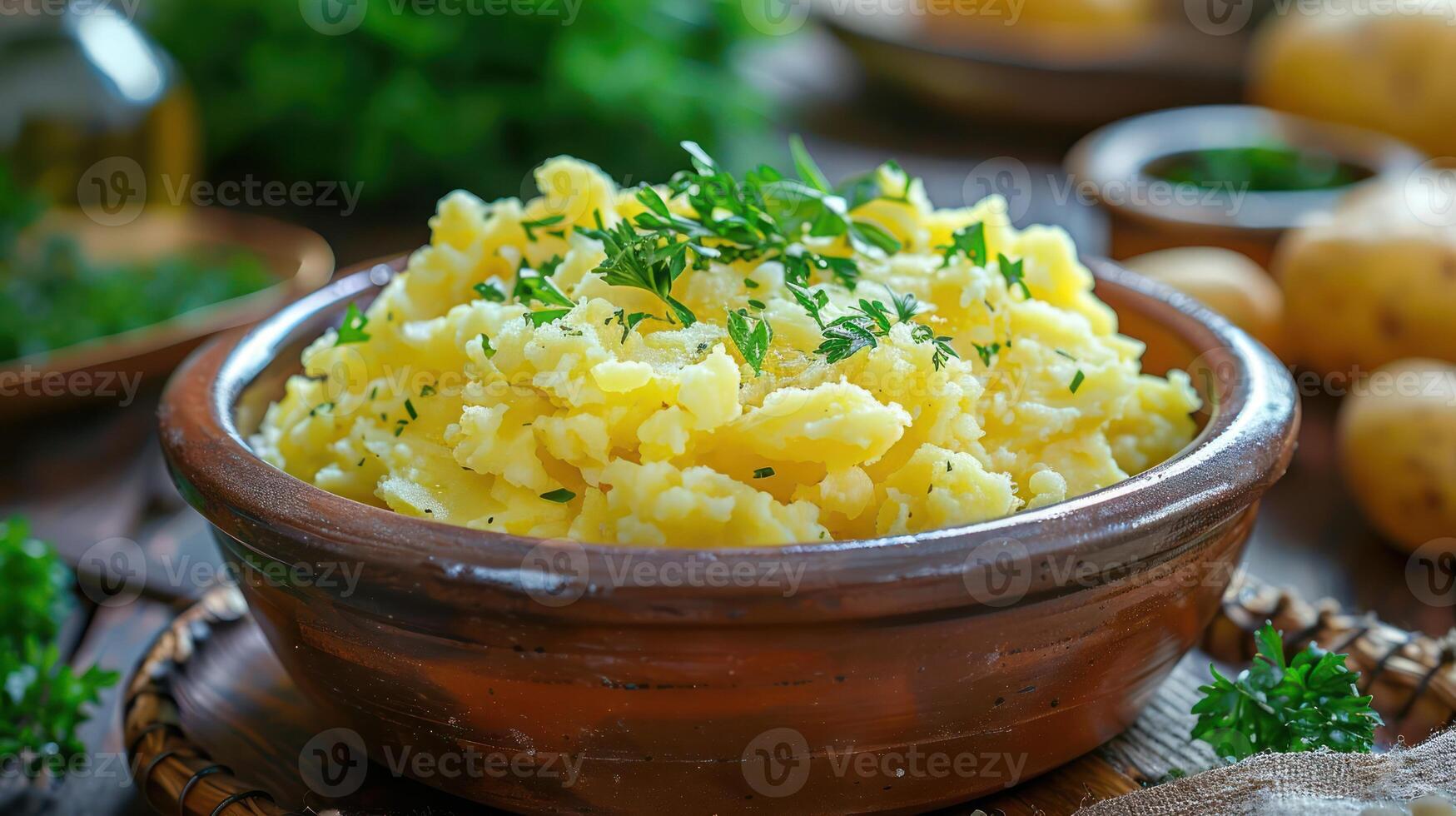 A bowl of creamy mashed potatoes garnished with herbs, set in a rustic kitchen environment. photo