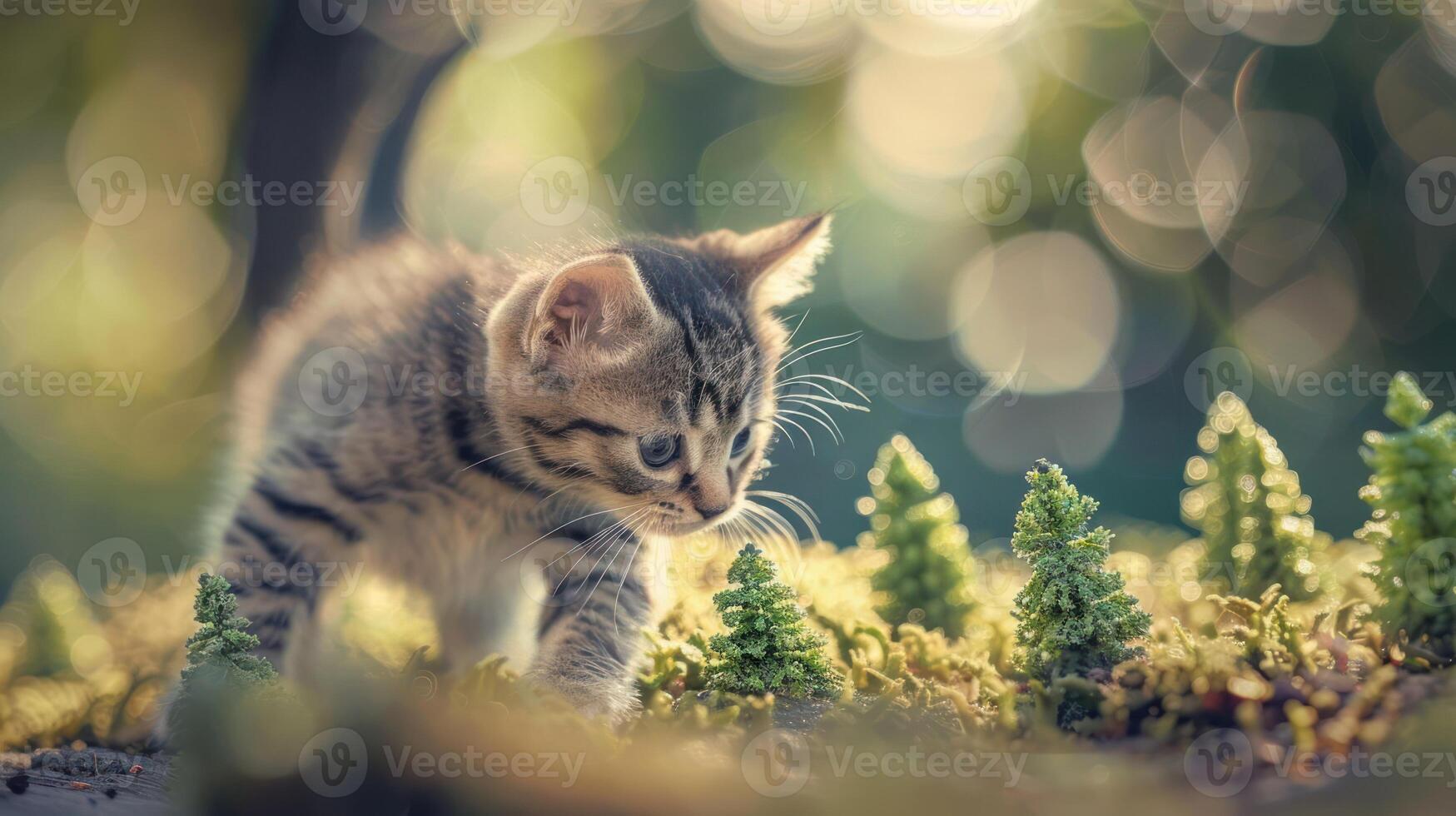 A playful kitten exploring a lush, green environment with soft bokeh in the background. photo