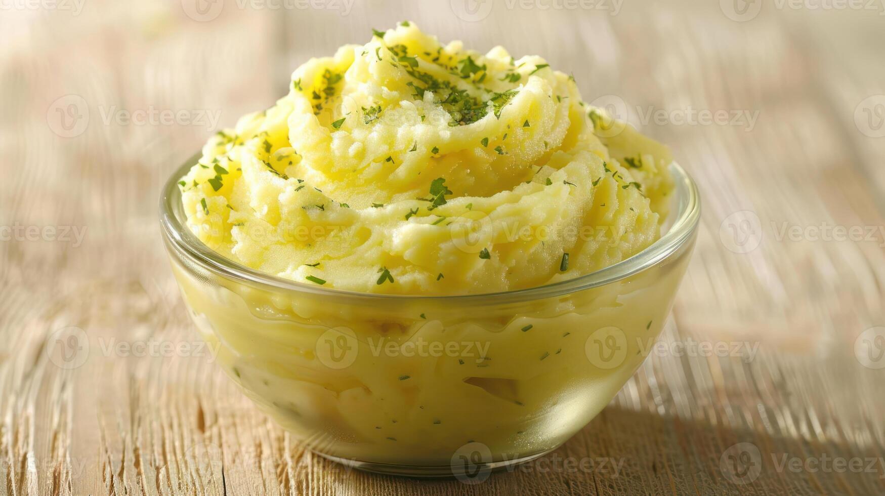 A bowl of creamy mashed potatoes garnished with herbs, served on a wooden surface. photo