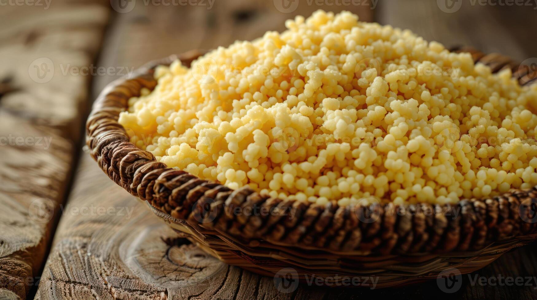 A bowl of cooked couscous on a wooden surface, showcasing its fluffy texture and color. photo
