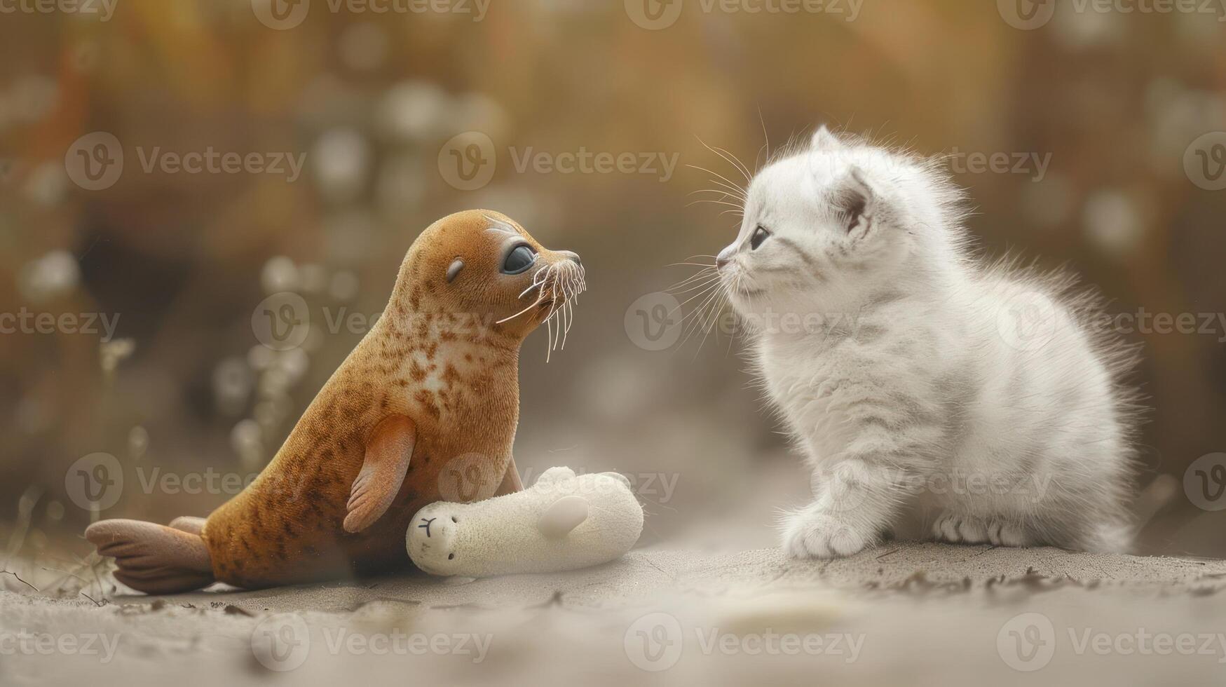 A playful kitten interacts with a plush seal toy in a whimsical, soft-focus setting. photo