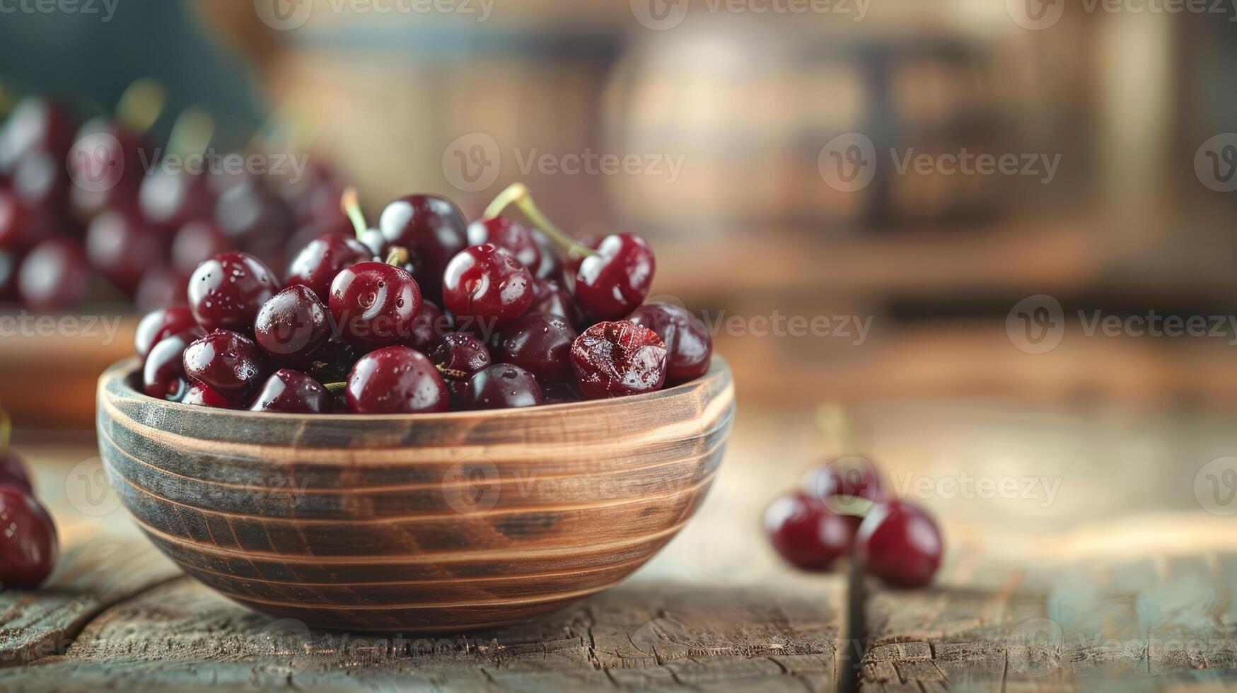 A wooden bowl filled with fresh cherries on a rustic wooden surface. photo