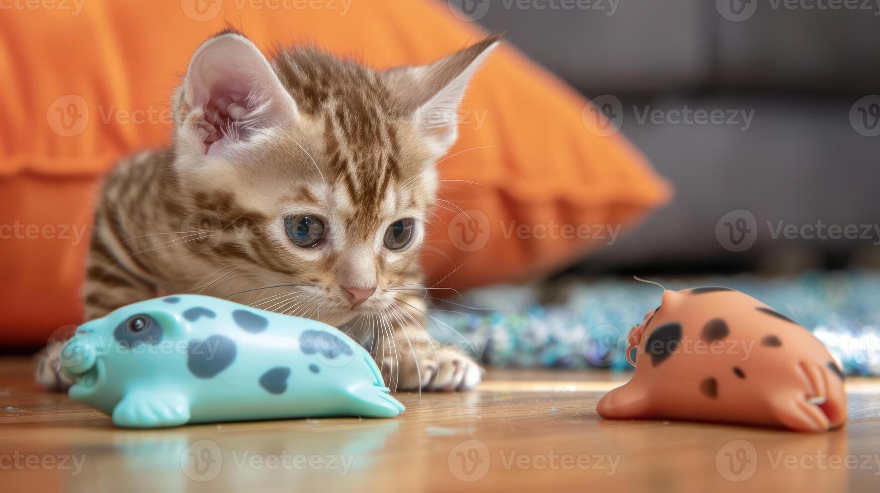 A playful kitten explores colorful rubber toys on a wooden floor. photo