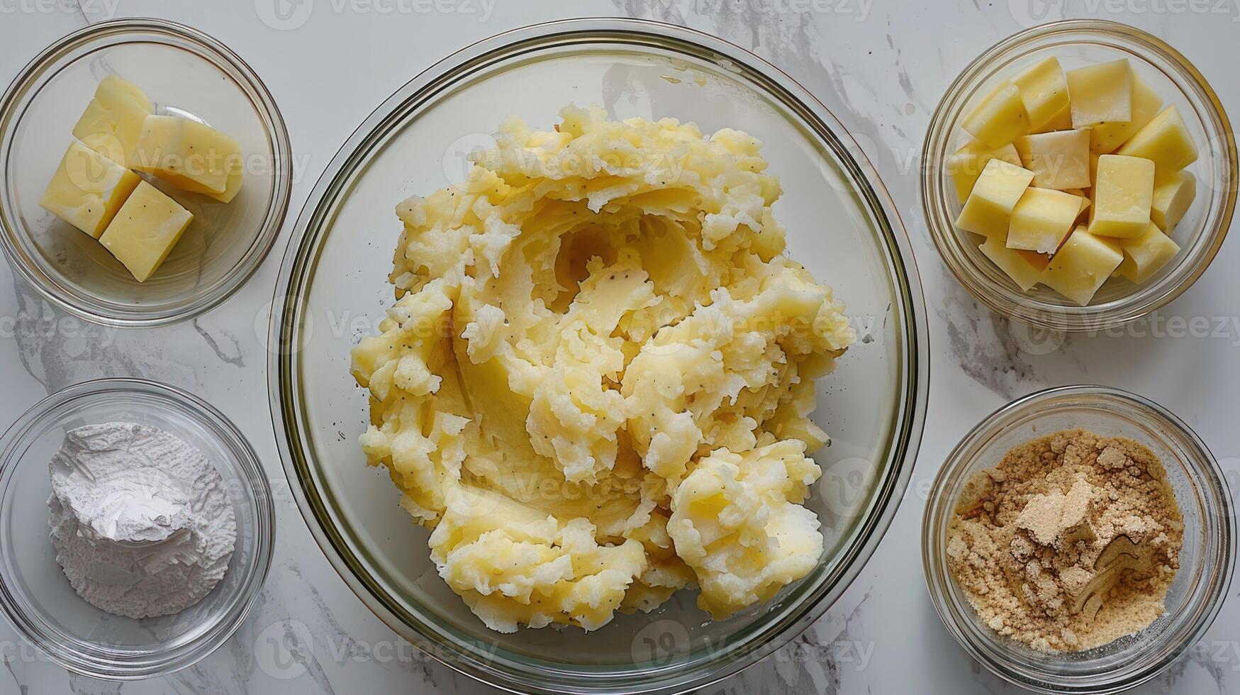 A bowl of mashed potatoes surrounded by ingredients for a recipe. photo