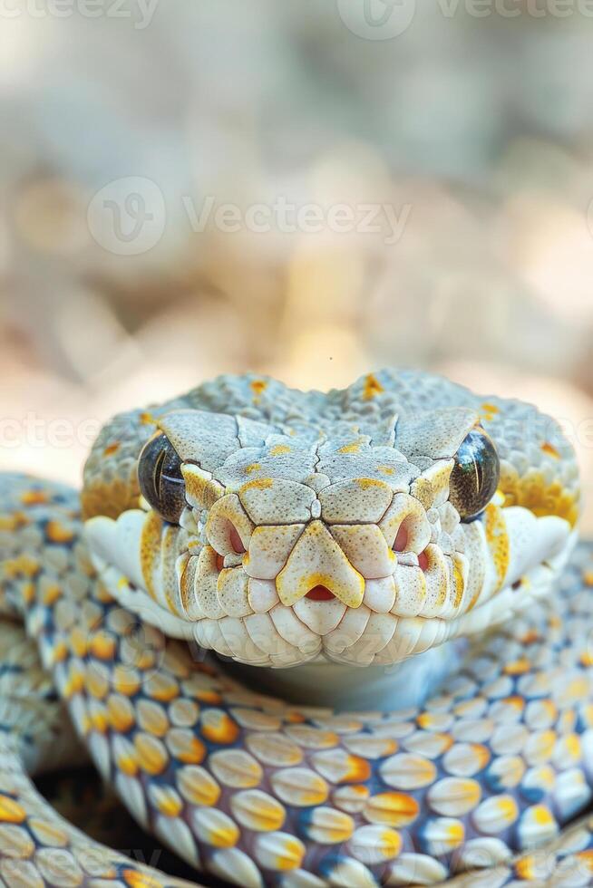 Close-up of a colorful snake, showcasing its intricate scales and facial features. photo