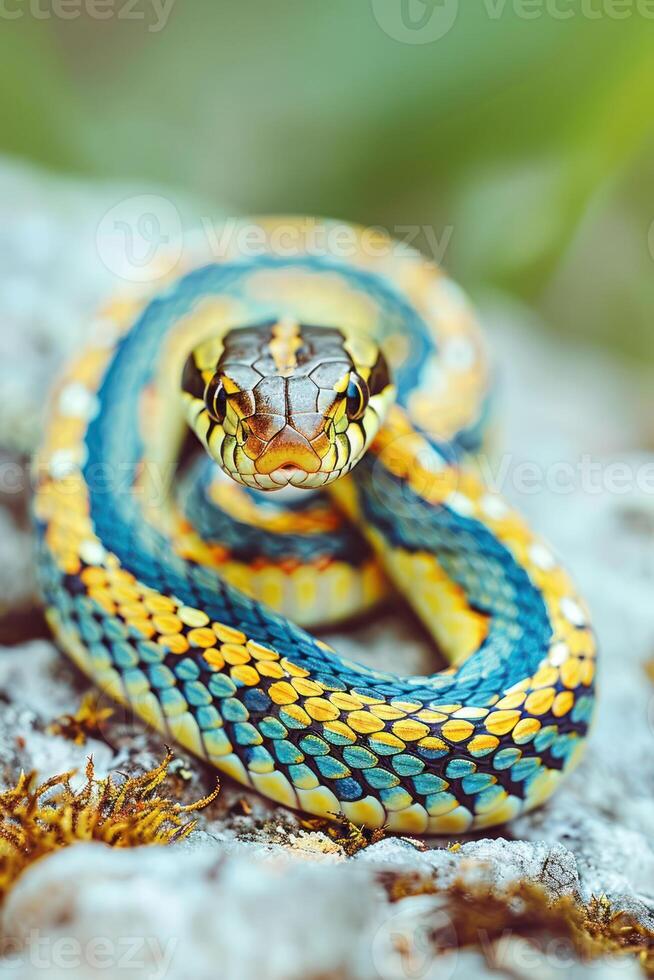 A vibrant, colorful snake coiled on a rock, showcasing its striking scales and patterns. photo