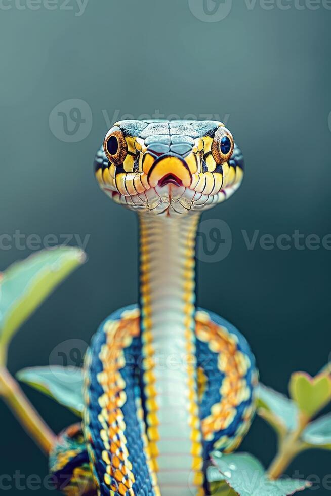 A close-up of a colorful snake perched on a branch, showcasing its vibrant scales. photo