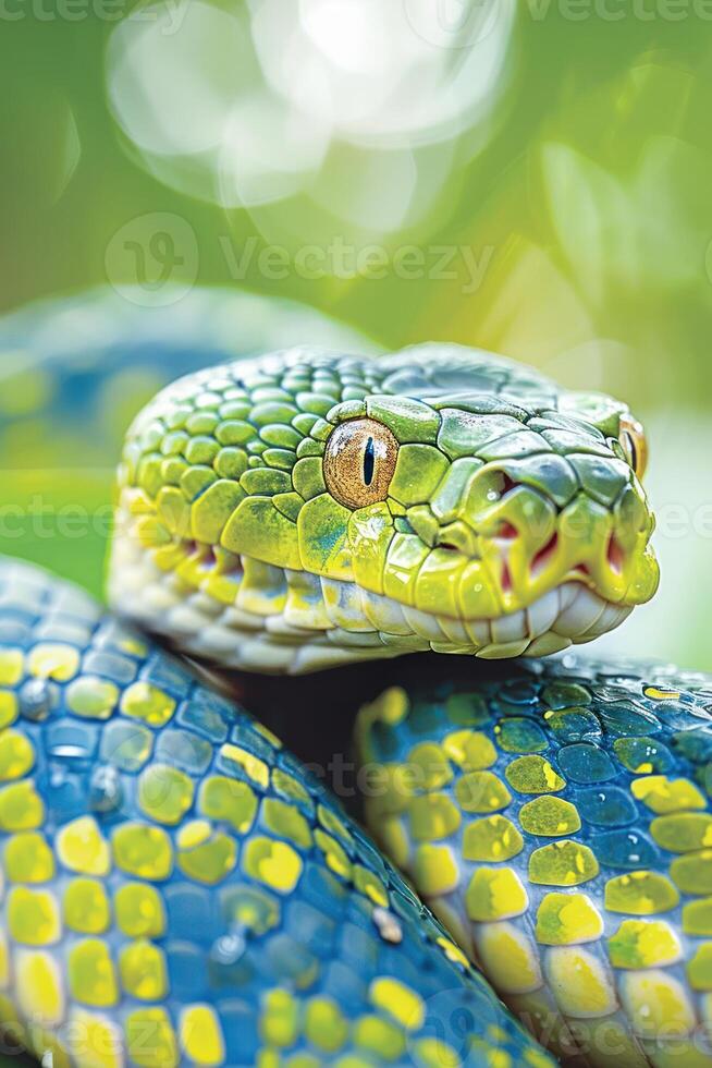 A close-up of a vibrant green and blue snake resting on a branch. photo