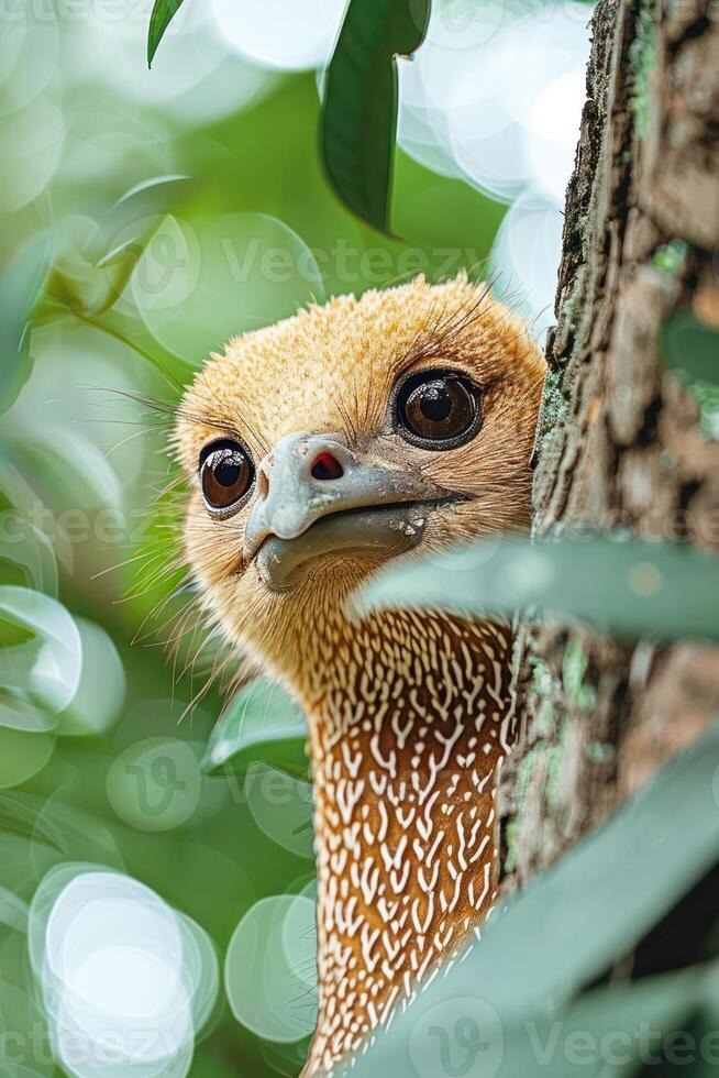 A close-up of a bird peeking from behind a tree, showcasing its unique features. photo