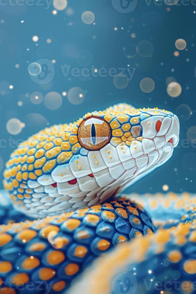 A close-up of a colorful snake with vibrant scales and a striking gaze. photo