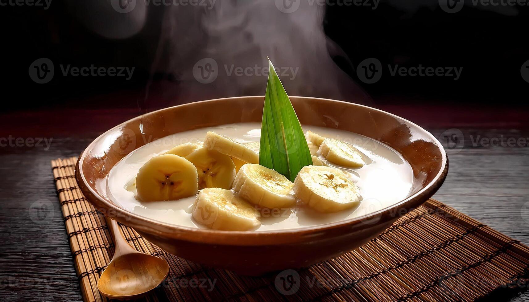 Banana compote in a clay bowl on a wooden table, indonesian food for iftar photo