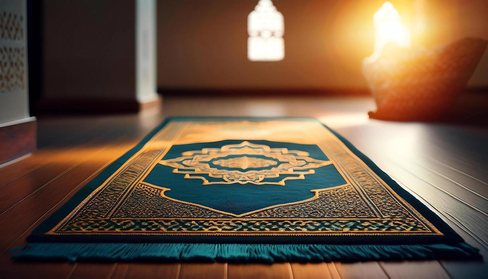 sajadah, Arabic prayer mat on the floor. Ramadan Kareem and Eid Mubarak. photo