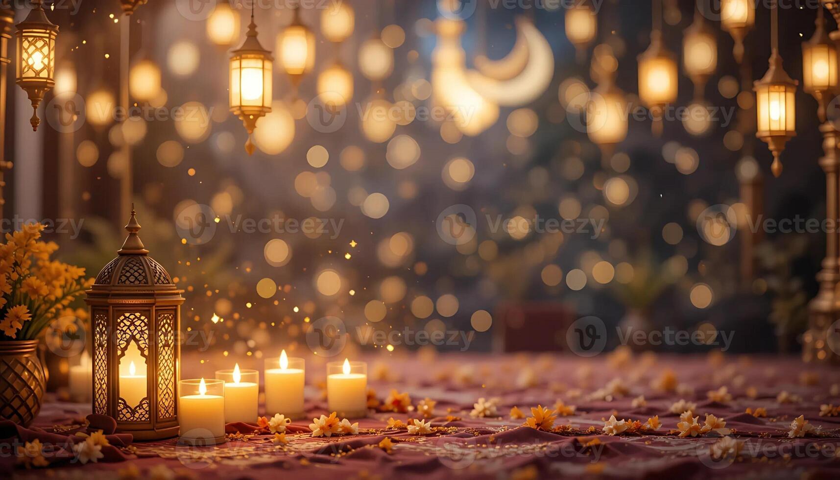 Beautiful Ramadan Kareem background with burning candles, lanterns and flowers photo