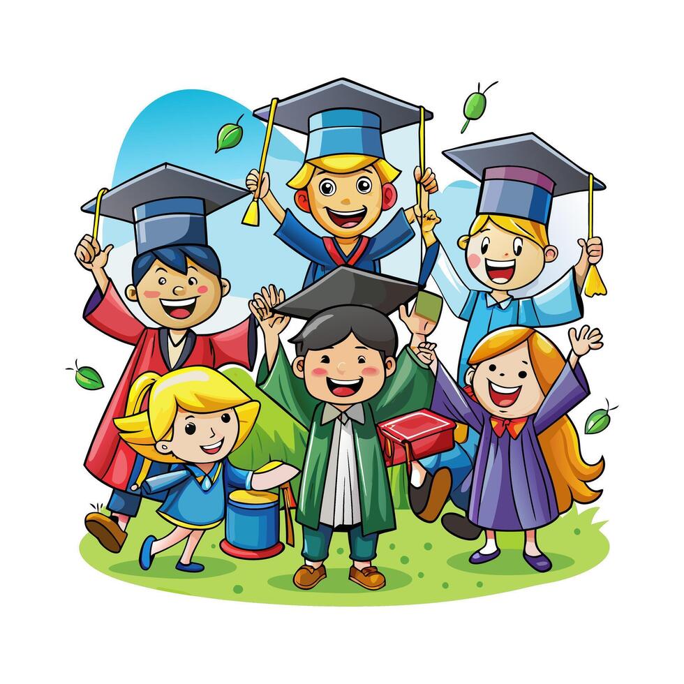 Happy children in graduation gowns illustration vector