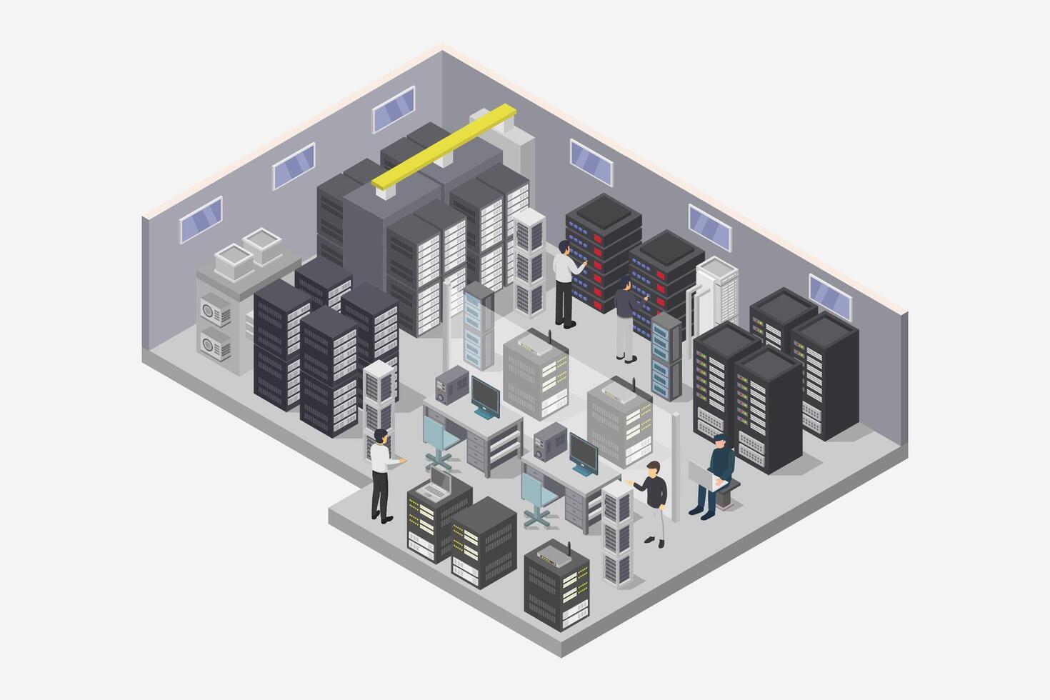 Isometric illustration of a server room with people working vector
