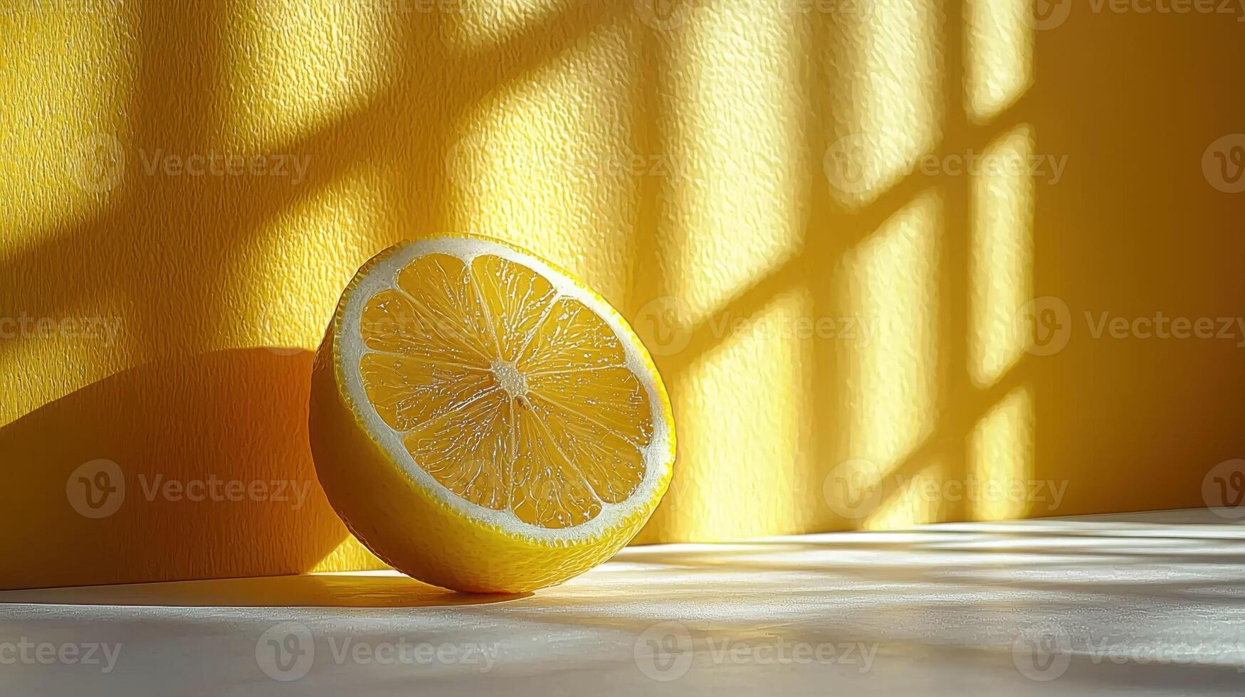Fresh lemon half on yellow background with soft shadows creating vibrant atmosphere photo