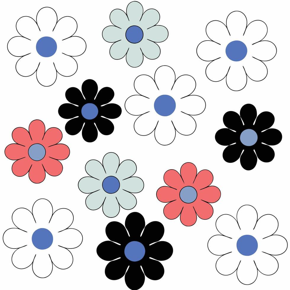 Bold Daisy Flower Pattern Coral, Black. vector