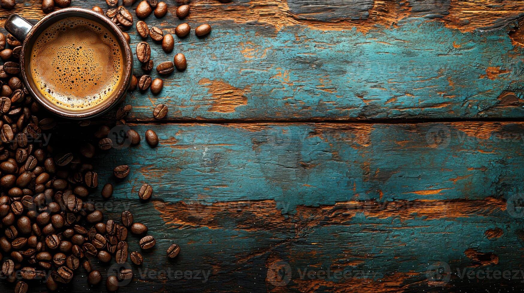 warm cup of coffee surrounded by coffee beans on rustic wooden table photo