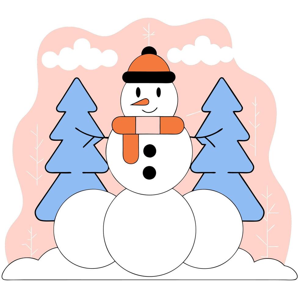 Cheerful Snowman Winter Holiday Illustration Cute, Orange Hat. vector