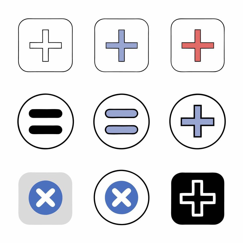 Professional Plus, Minus, Equals Icons Square and Round Buttons. vector