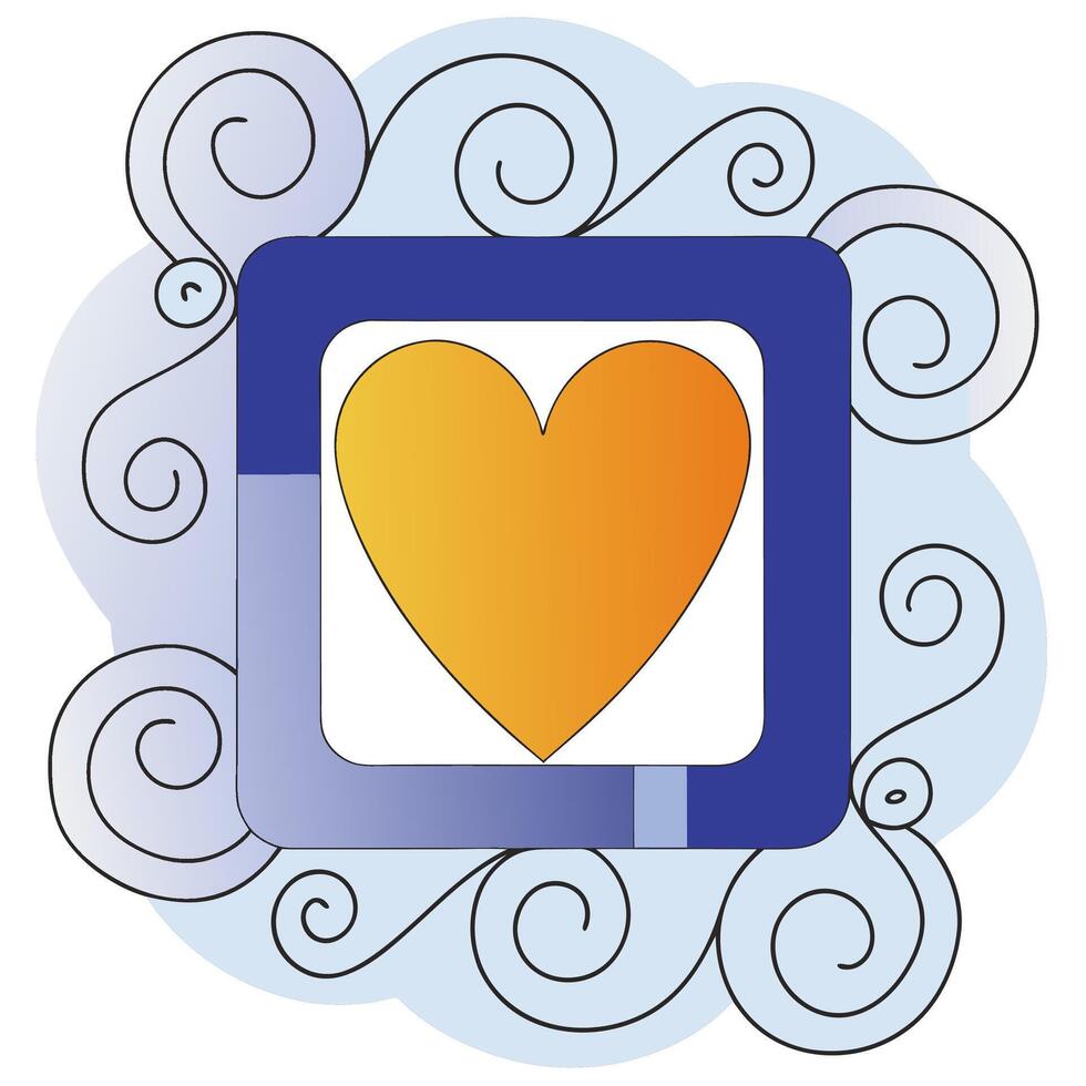 Romantic Orange Heart in Blue Frame Elegant Swirl Design Valentine s Day. vector