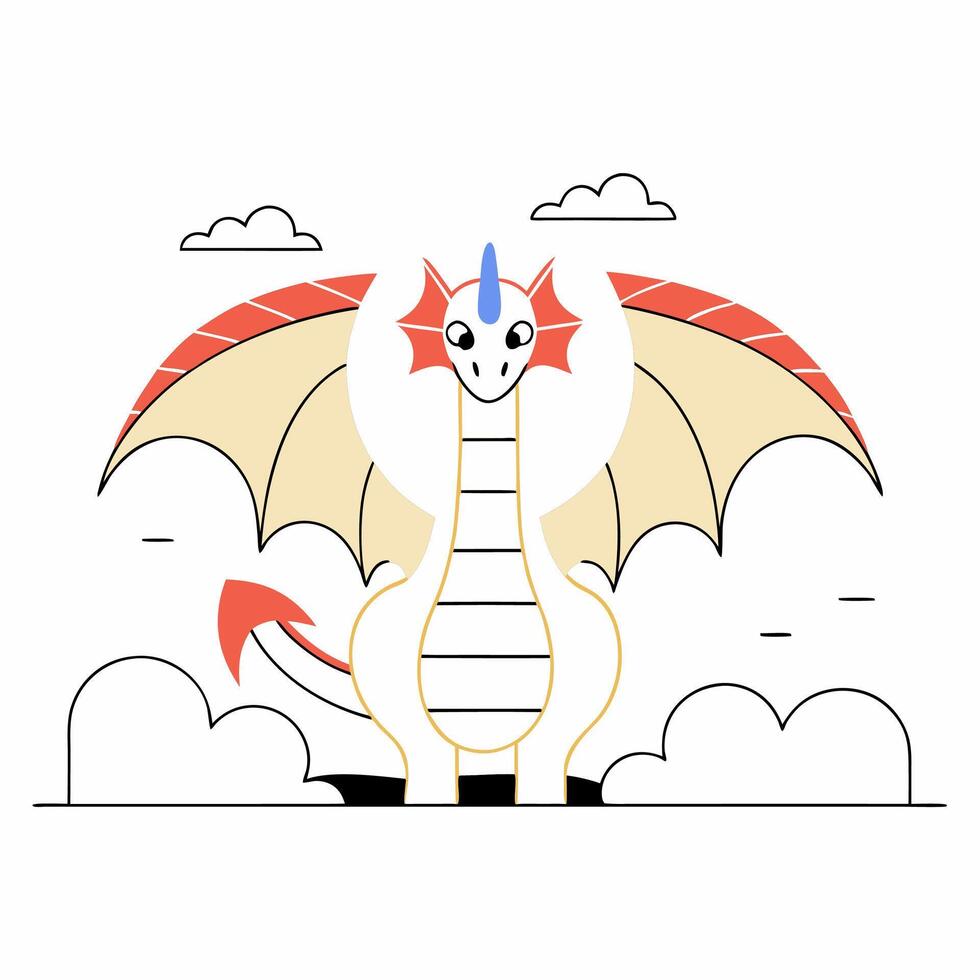 Cute Cartoon Dragon Illustration Red Beige Wings, Friendly Face. vector