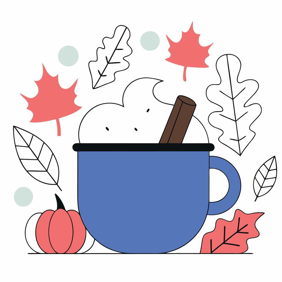 Autumn Hot Cocoa Mug Whipped Cream, Cinnamon. vector