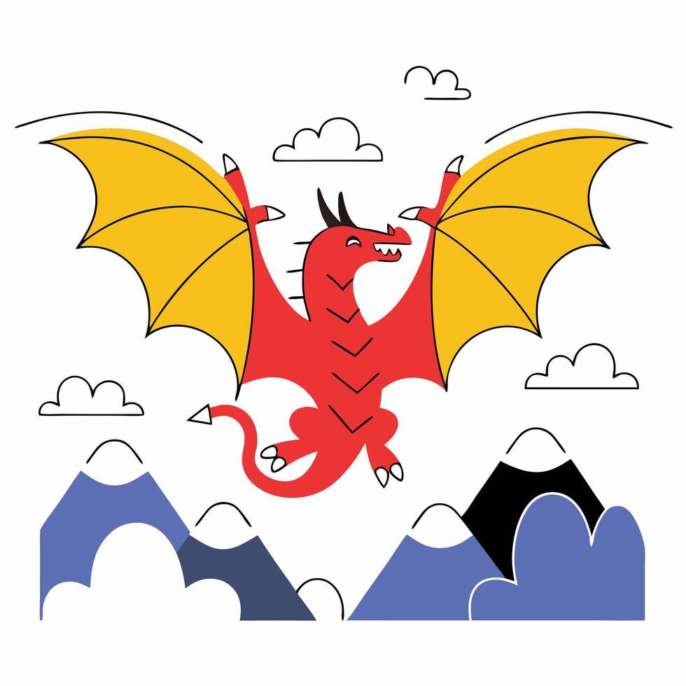 Flying Red Dragon Illustration Cartoon, Kids, Fantasy. vector