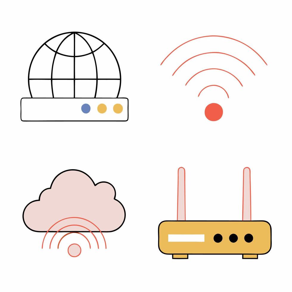 Minimalist Network Icons Global Server, WiFi, Cloud. vector