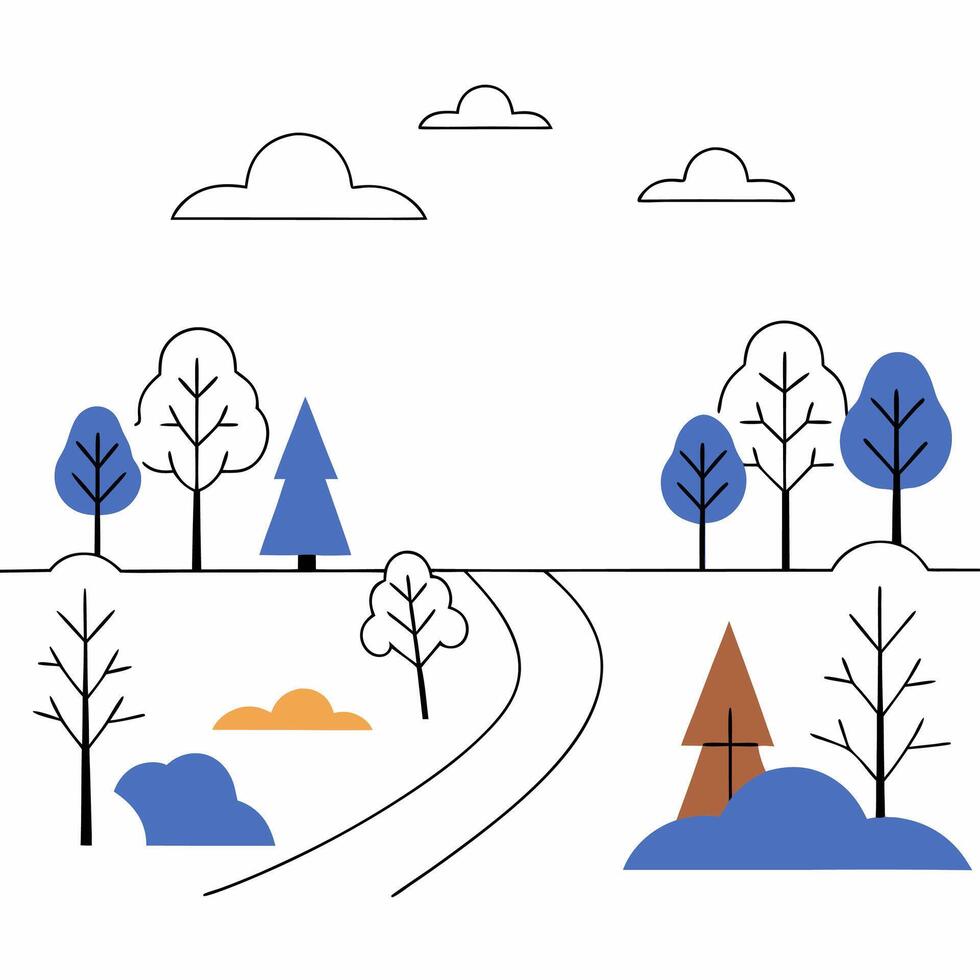 Minimalist Winter Landscape Illustration Blue, Brown, Winding Road. vector