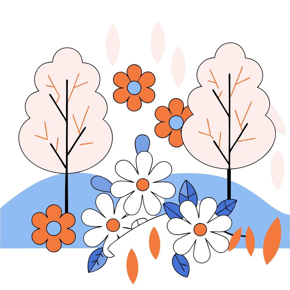 Autumn Landscape Stylized Trees, Daisies. vector