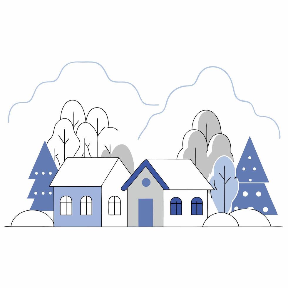 Winter Village Houses Line Art Snowy Landscape, Blue and Gray. vector
