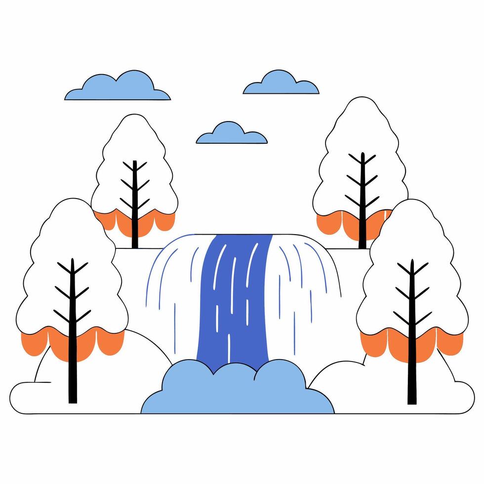 Waterfall Illustration Minimalist Nature Scene, Blue and Orange. vector