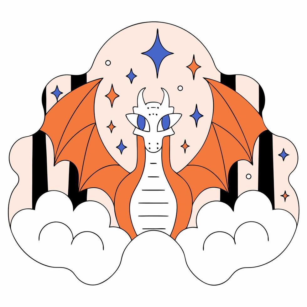 Cute White Dragon with Orange Wings Whimsical Fantasy Illustration. vector