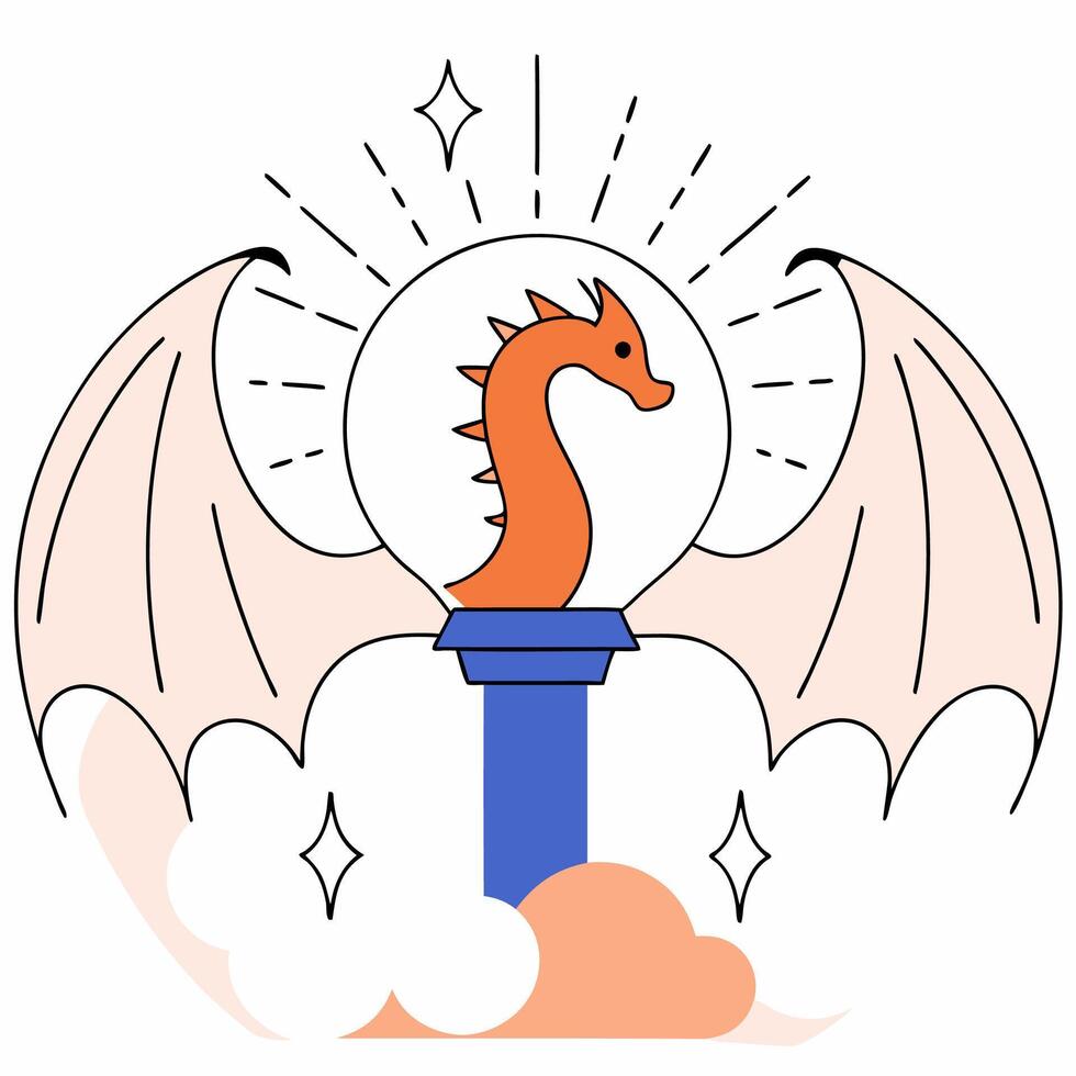Whimsical Orange Dragon Illustration Magical Creature in Glass Orb. vector