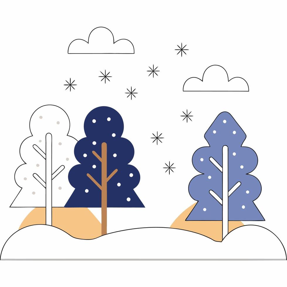 Winter Trees Illustration Snowy Landscape, Simple Flat Design, Navy Blue, White. vector