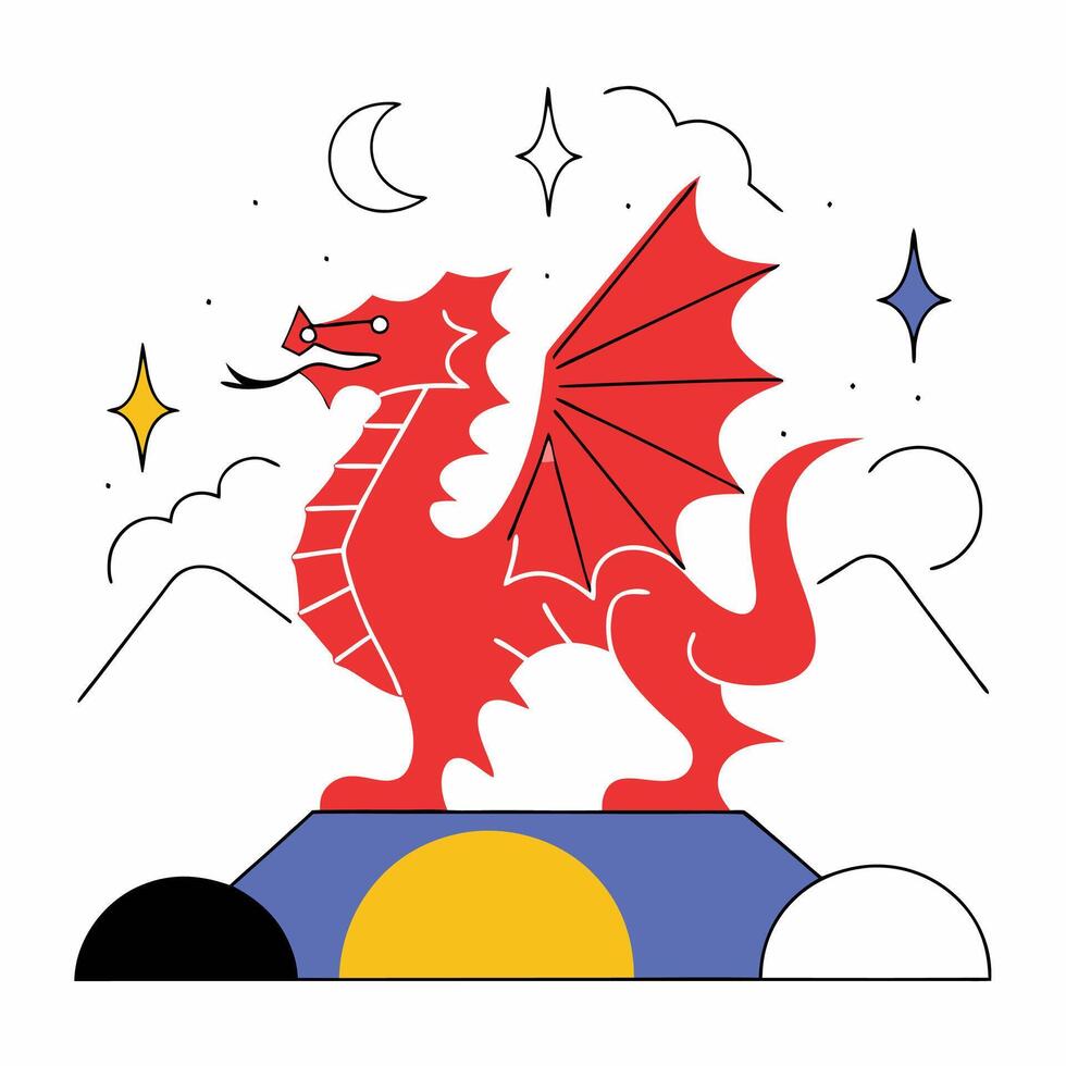 Red Dragon Illustration Welsh Symbol, Mythical Creature. vector
